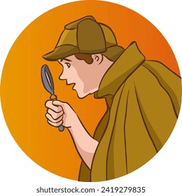 Noir detective with magnifying glass peeking out the corner cartoon flat design vector illustration 