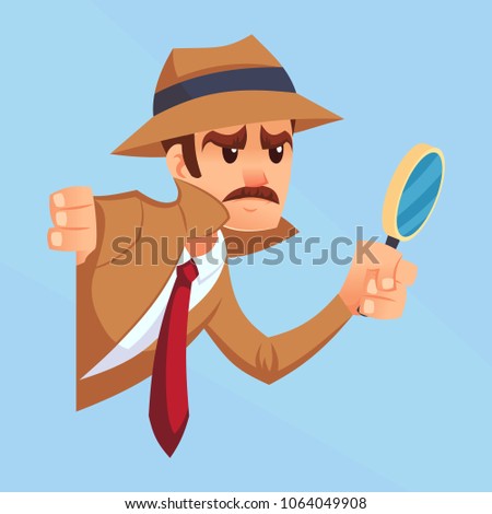 Noir detective with magnifying glass peeking out the corner cartoon flat design vector illustration eps10