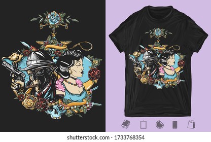 Noir detective and retro woman portrait. Dark crime art. Gangster and criminal girl. Mafia concept. Creative print for dark clothes. T-shirt design. Template for posters, textiles, apparels 