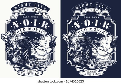 Noir detective and retro woman portrait. Gangster and criminal girl. Mafia concept. Tattoo and t-shirt design. Police inspector and night city. Old movie style. Vector illustration. Dark crime art 