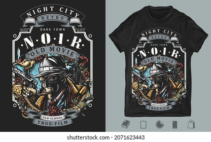 Noir Detective. T-shirt Design. Creative Print For Clothes. Portrait Police Inspector And Night City. Old Movie Style. Dark Crime Art. Retro Gangster 