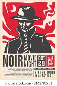 Noir movies vintage poster design. Detective with cigarette standing on the moonlight, retro ad concept for cinema event. Vector illustration.