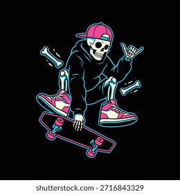 Arte vectorial de neón negro con una mascota de esqueleto fresco en una sudadera con capucha negra y gorra de béisbol rosa haciendo el signo de shaka sobre un monopatín. Perfecto para el diseño de ropa vanguardista o carteles retro.