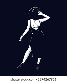 Noir style silhouette of beauty woman posing in high heels, big hat and dress. View from the back.