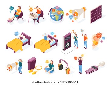 Noise acoustic pollution isometric recolor set of isolated virus icons and people with audio playback devices vector illustration