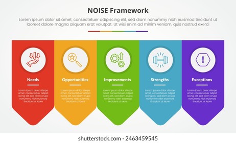 RAUSCHANALYSEMODELL INFOGRAFISCHES KONZEPT FÜR DIAPRÄSENTATION MIT PFEILPLAKETTE SYMMETRISCH Horizontal MIT 5-PUNKT-LISTE MIT FLACH-STIL-Vektorgrafik