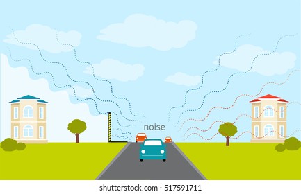 Noise Barrier Walls & Fence. Sound insulation. Sound blocking fences. Proof wall
Traffic Noise Barriers. Landscape road, cars and houses. The sky and the road. Flat landscape illustration. Made noise 