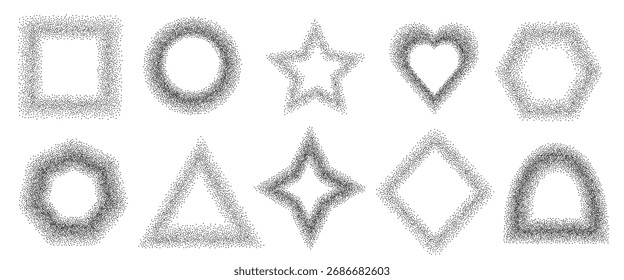 Conjunto de Formas de bordes geométricos de gradiente de desenfoque de ruido. Elementos de textura negra de carbón granulado con agujero. Triángulo, rectángulo, arco y círculo dotwork marcos. Vector de formas arenosas. Iconos de geometría Grunge.