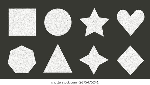 Noise chalk gradation geometric shapes set. Grainy textured white y2k frame elements. Heart, rectangle, star and circle text boxes. Vector gritty stickers forms. Grunge geometry callout figures.