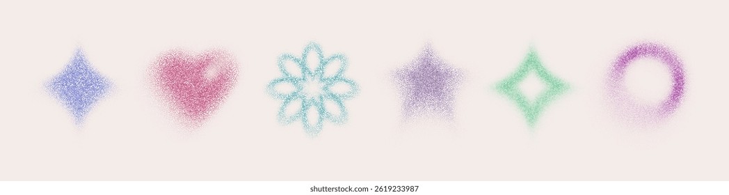 Ícones coloridos de forma de ruído - coração e flor, estrela e círculo. Símbolos de estilo abstrato Y2k para design retrô. Gradiente gradiente gradiente gradiente empoeirado texturas de design decorativo vintage elementos coloridos.