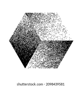 Logo de cubo destruido por ruido. Formas de grano a la moda. Gráfica imprimir textura .Spray efecto .Grunge textura. Elemento perturbado .vector hexágono.