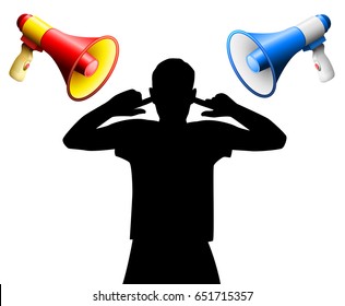 Noise disturbance by two loud megaphones yelling at an annoyed person who covers the ears, to avoid hearing damage, tinnitus, hearing disorder, hyperacusis or similar physical injury or mental stress.