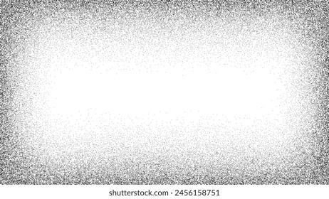 Noise dot frame gradient. Rectangular grain effect. Stipple pattern black background. Grunge texture border.