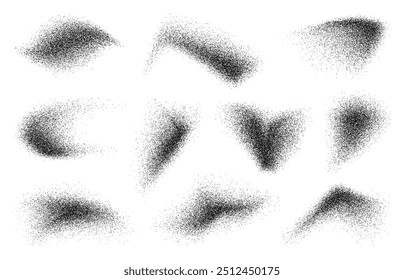 Noise dot grain brush. Vector set of irregularly shaped black dust, sand or particle dispersions, as dense, grainy clusters that gradually dissipate into scattered specks, abstract, textural pattern