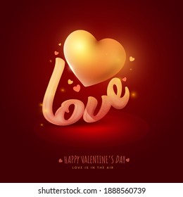 Noise Effect Love Text With 3D Golden Heart On Dark Red Background For Happy Valentine's Day Concept, Love Is In The Air.