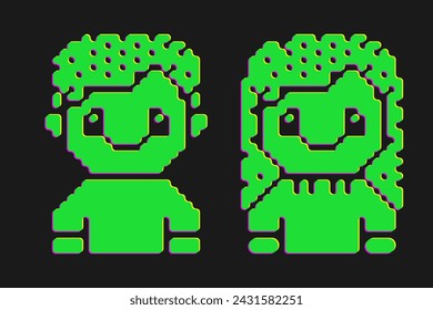 Noise effect man woman illustration set. Acid green color cartoon illustration. Rave 90s style. RGB split design element. TV distortion human clipart. Glitch photo effect. Overprint vector imitation.