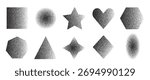 Noise gradation geometric figures set. Grainy textured black y2k kid school elements. Oval, rectangle, star and circle speckle text boxes. Vector gritty stickers forms. Grunge geometry callout figures