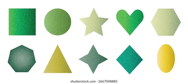 Definição de figuras geométricas de gradação de ruído. Elementos de molduras y2 verdes e amarelos texturizados granulados. Caixas de texto ásperas ovais, retangulares, em estrela e triangulares. Formas de vetor de areia. Números de texto explicativo de geometria Grunge.