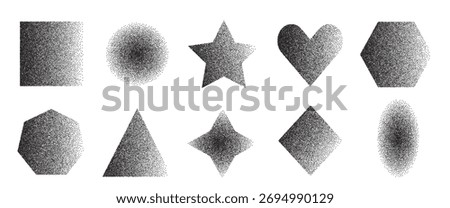 Noise gradation geometric figures set. Grainy textured black y2k kid school elements. Oval, rectangle, star and circle speckle text boxes. Vector gritty stickers forms. Grunge geometry callout figures