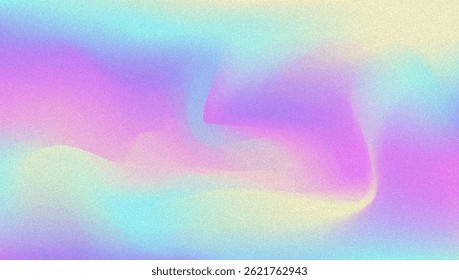 Rauschverlauf-Hintergrund Abstrakter, körniger BG in den Farben Rosa, Lila und Blau. Irisierendes Hologramm. Perlglanz holografische Textur mit Regenbogenfolie. Ästhetische Farbwelle mit Plastikfluss