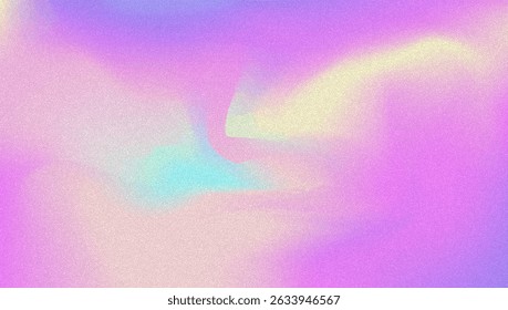 Rauschverlauf-Hintergrund Abstrakter, körniger BG in den Farben Rosa, Lila und Blau. Irisierendes Hologramm. Perlglanz holografische Textur mit Regenbogenfolie. Heller Chromschirm mit Linsenglüheffekt