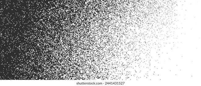 Noise gradient background from white to black with grain texture. Monochrome dot pattern with grainy effect. Vector illustration of halftone speckle diffuse gradation. Noisy powder faded shadow.