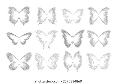 Noise gradient butterfly shapes vector set. Dot grain stipple texture symbol collection. Retro y2k design for collage or cut-out trendy art