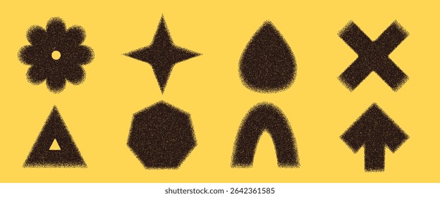 Noise gradient geometric shape set. Y2k stippling arch, drop and circle with flower forms. Black arrow and twinkle icons on yellow background. Trendy grainy textured figures. Vector illustration.