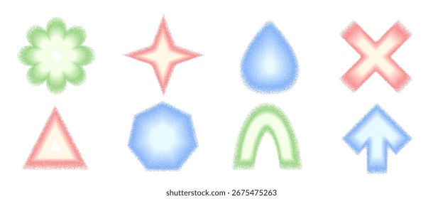 Noise gradient geometric shape set. Y2k stippling arch, drop and circle with flower forms. Colorful arrow and twinkle icons on white background. Trendy grainy textured figures. Vector illustration.