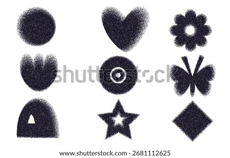Noise gradient geometric shapes set. Y2k retro grain heart, butterfly and circle with flower. Black gritty gradation star, arch on transparent background. Trendy textured forms. Vector illustration.