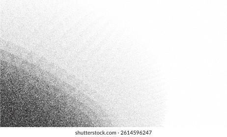 Noise gradient grain background with abstract black and white effect. Paint vector brush dots and shapes on grainy sand paper. Wavy spray grunge with dark space circles and vintage splatter fluid.