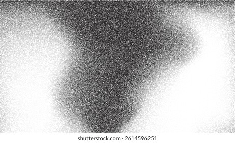 Noise gradient grain background with abstract black and white effect. Paint vector brush dots and shapes on grainy sand paper. Wavy spray grunge with dark space circles and vintage splatter fluid.