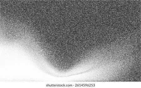 Noise gradient grain background with abstract black and white effect. Paint vector brush dots and shapes on grainy sand paper. Wavy spray grunge with dark space circles and vintage splatter fluid.