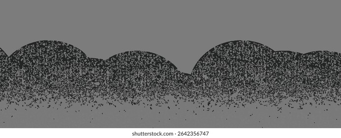 Fundo de gradiente de ruído da montanha. Paisagem em pontilhado de grãos. Nuvens e árvores abstratas grunge. Ilustração de vetor de meio-tom