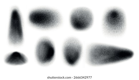 Noise gradient. Set of vector grainy design elements. Various halftone spray in round shapes on white background