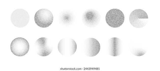 Noise gradient shape. Various Circles with grain texture. Black noise gradient Isolated. Halftone dotted round vector design elements