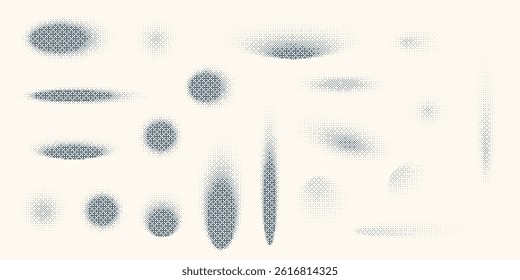 Noise gradient shapes set. Dotted shadows collection. Dotwork halftone effect pattern