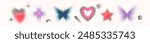Noise gradient shapes vector background. Heart, flower, star, butterfly figures consist of dot grain gradient texture and soft blurry mesh. Retro y2k aesthetic.