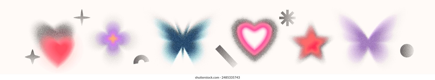 Noise gradient shapes vector background. Heart, flower, star, butterfly figures consist of dot grain gradient texture and soft blurry mesh. Retro y2k aesthetic.