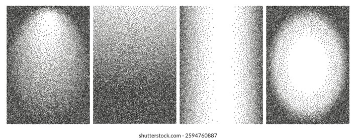 Noise grain backgrounds set. Vector grain gradient texture collection. Abstract halftone pattern, stipple dotted templates.