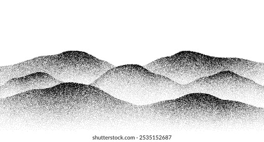 Noise grain halftone mountains and hills. Vector black and white noisy texture, gradually transitioning in density to form the shape of rolling hills and peaks. Modern, abstract pointillism effect