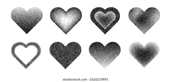 Noise grain heart shape set. Dot gradient figure icons. Geometry halftone gradation texture effect. Vector retro sticker collection, y2k grange design elements