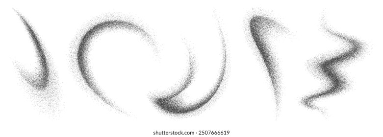 Noise grain wave spray, sand and dust paint brush. Vector set of abstract black grainy dynamic and flowing texture, created by sprayed sand and dust paint brush strokes. Grunge dotwork elements