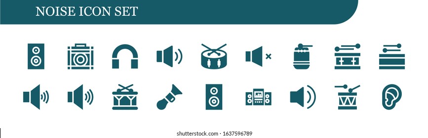 noise icon set. 18 filled noise icons.  Simple modern icons such as: Subwoofer, Amplifier, Audio, Volume, Drum, Horn, Woofer, Loudspeaker, Ear