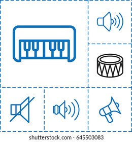 Noise icon. set of 6 noise outline icons such as piano toy, volume, no sound