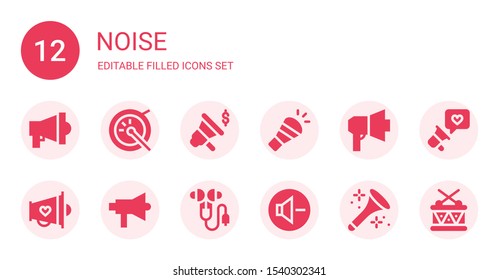 noise icon set. Collection of 12 filled noise icons included Megaphone, Drum, Horn, Ear protection, Reduce volume