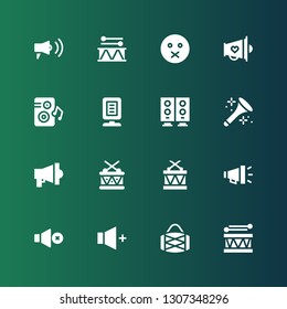 noise icon set. Collection of 16 filled noise icons included Drum, Volume, Mute, Megaphone, Drums, Horn, Woofer, Announcer, Loudspeaker, Muted