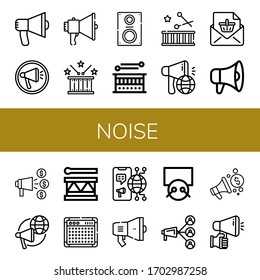 conjunto de iconos de ruido. Colección de audio, megáfono, tambor, altavoz, anuncio, anuncio, amplificador, iconos de tambores