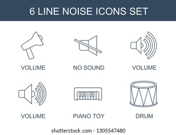 noise icons. Trendy 6 noise icons. Contain icons such as volume, no sound, piano toy, drum. noise icon for web and mobile.