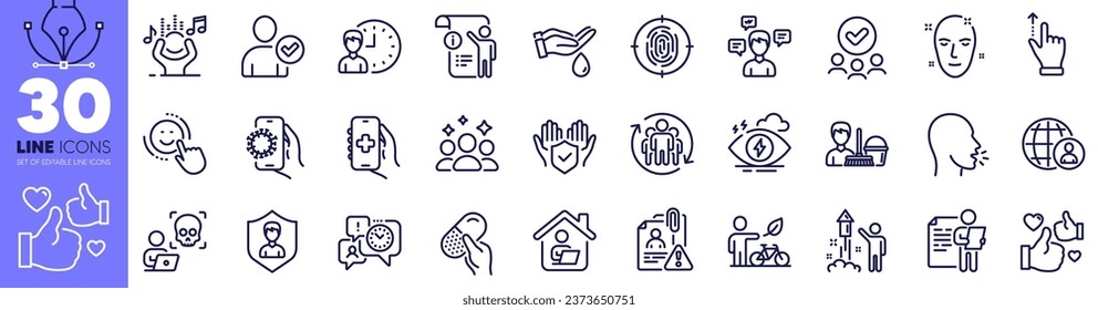 Noise, International recruitment and Work home line icons pack. Touchscreen gesture, Search employee, Health app web icon. Approved group, Eco bike, Job interview pictogram. Vector